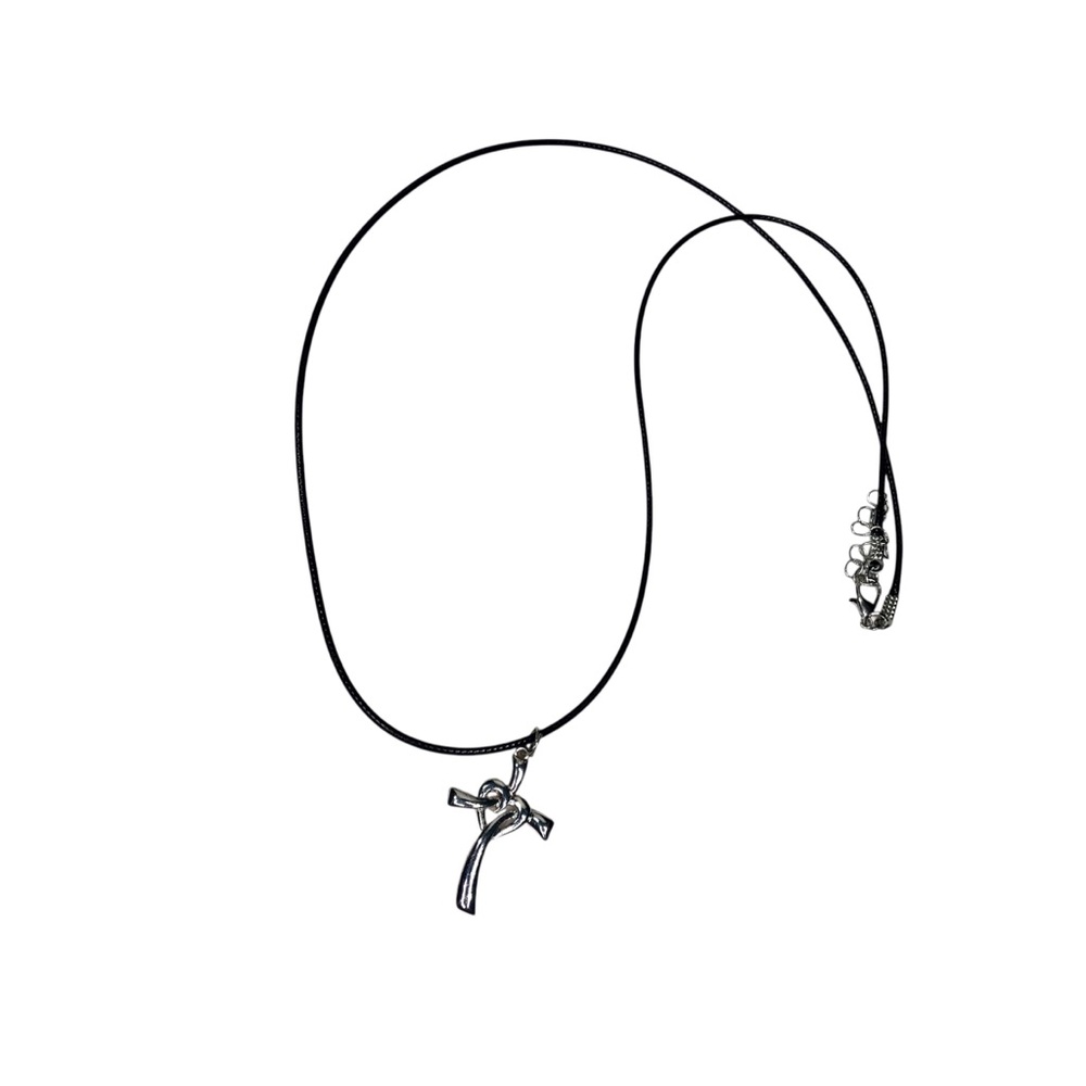 Silver Tone Twisted Heart Cross Corded Pendant Necklace